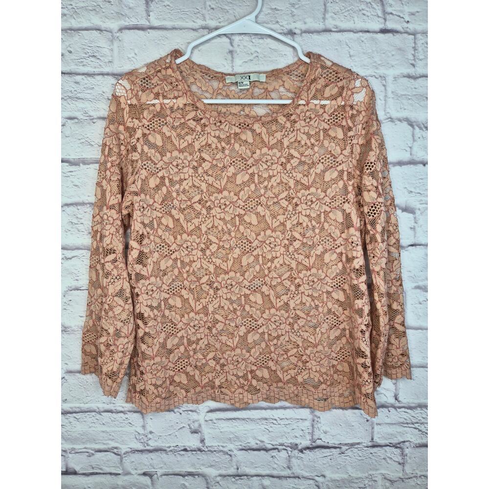 XXI Forever 21 Pink Tan Floral Lace Long Sleeve Top M Coquette Boho Layering